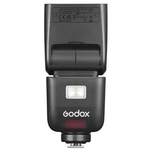 Flash de caméra noir avec logo Godox et lumière rouge.