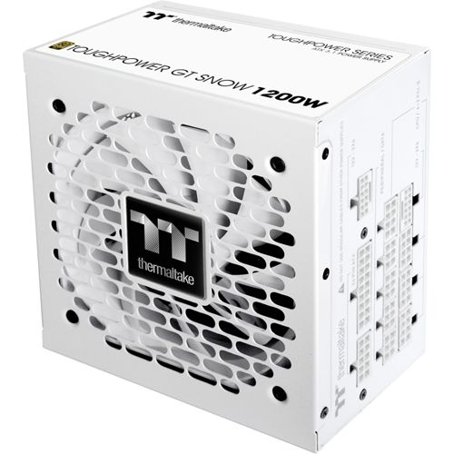 Witte Thermaltake Toughpower GT Snow 1200W voeding met ventilator en poorten.