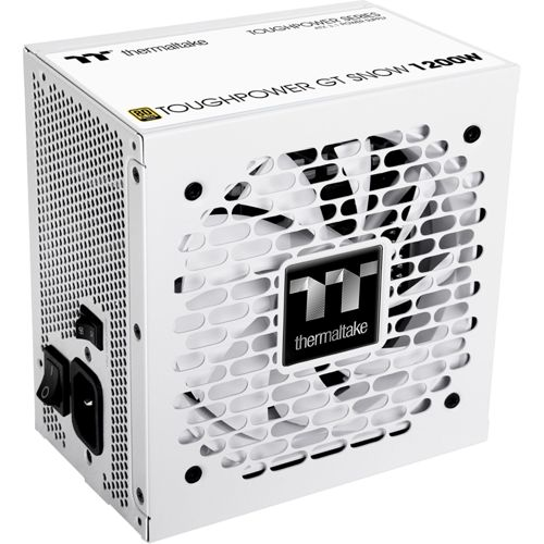 Een witte Thermaltake Toughpower GT Snow 1200W voeding met ventilatorrooster.