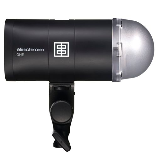 Une tête de flash Elinchrom ONE noire avec un capuchon et un support argentés.