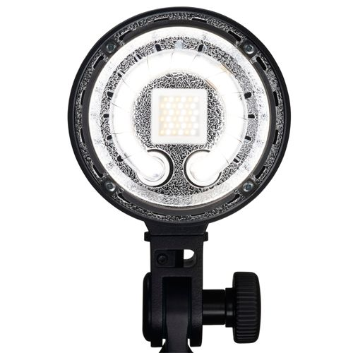 Un flash annulaire LED noir avec un panneau LED carré au centre.