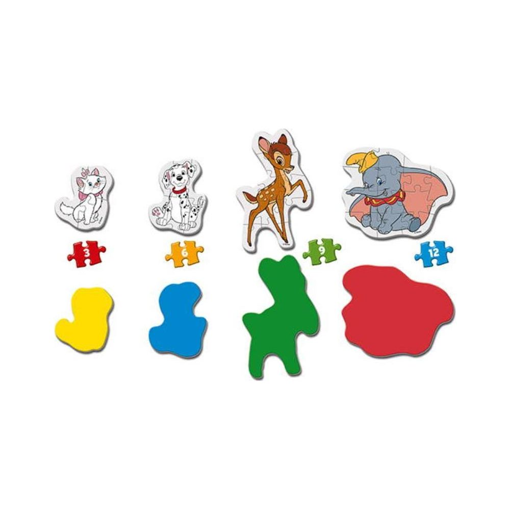 Personaggi Disney: Marie, Frou-Frou, Bambi, Dumbo. Pezzi puzzle colorati.