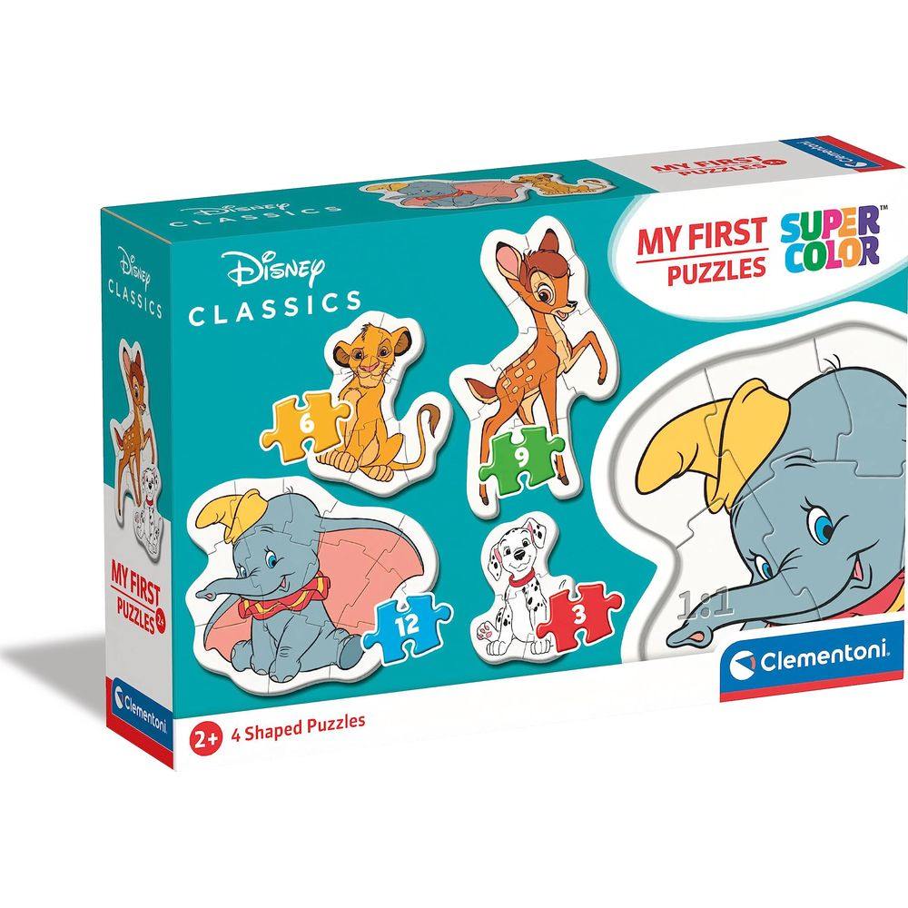 Scatola con puzzle di personaggi Disney: Dumbo, Simba, Bambi, Porcellino e cane.