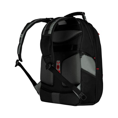 Sac à dos noir avec accents gris et bretelles rembourrées, vu de dos.