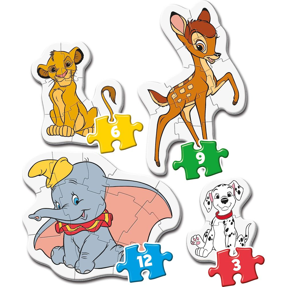 Quattro personaggi Disney: Simba, Bambi, Dumbo e un dalmata, con pezzi di puzzle numerati.
