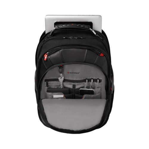 Sac à dos noir avec compartiment ouvert, ordinateur portable, clés et téléphone.