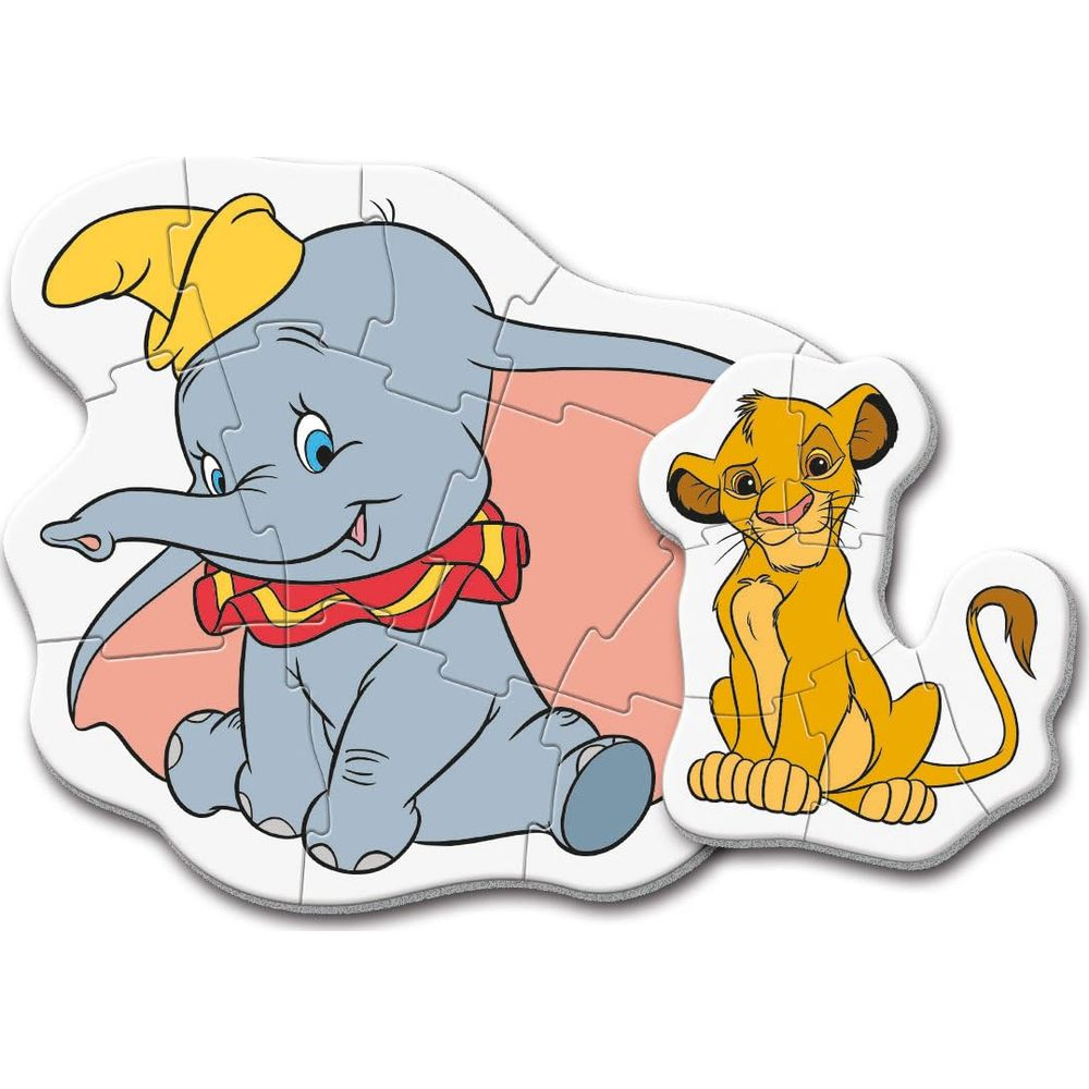 Dumbo l'elefante e Simba il leone siedono fianco a fianco.