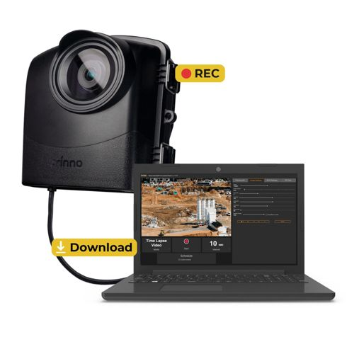 Caméra noire avec icônes REC et Téléchargement à côté d'un ordinateur portable affichant un chantier.