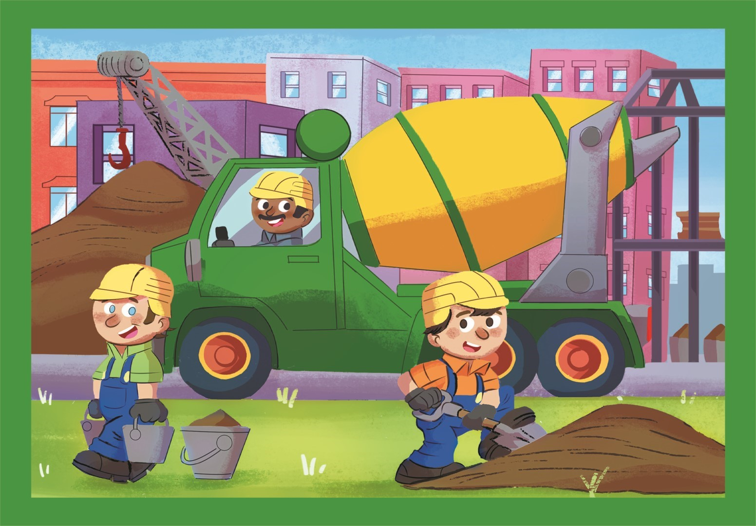Dos niños con cascos trabajan en una obra junto a una hormigonera.