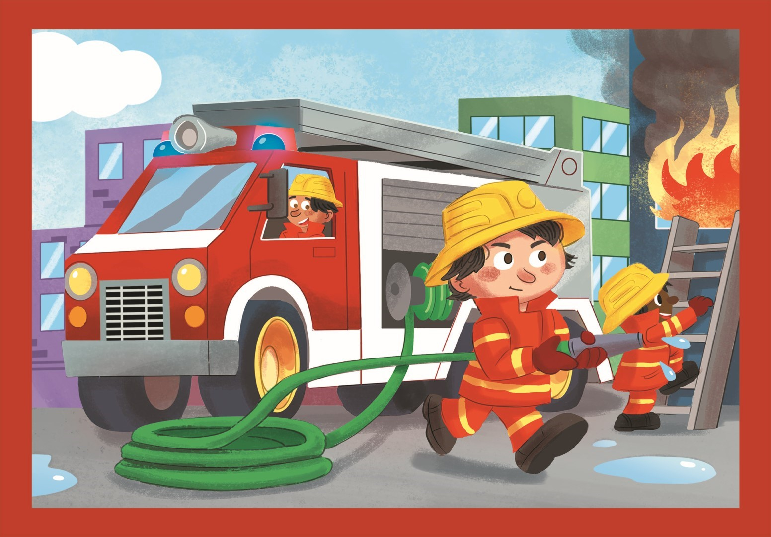 Bomberos apagan un incendio con camión rojo y escalera.