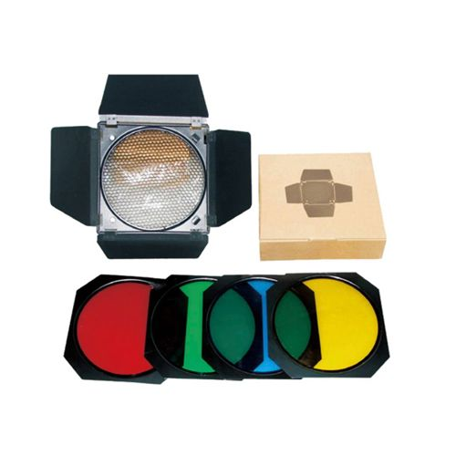 Modificador de luz con filtros de color: rojo, verde, azul, amarillo. También rejilla y caja.
