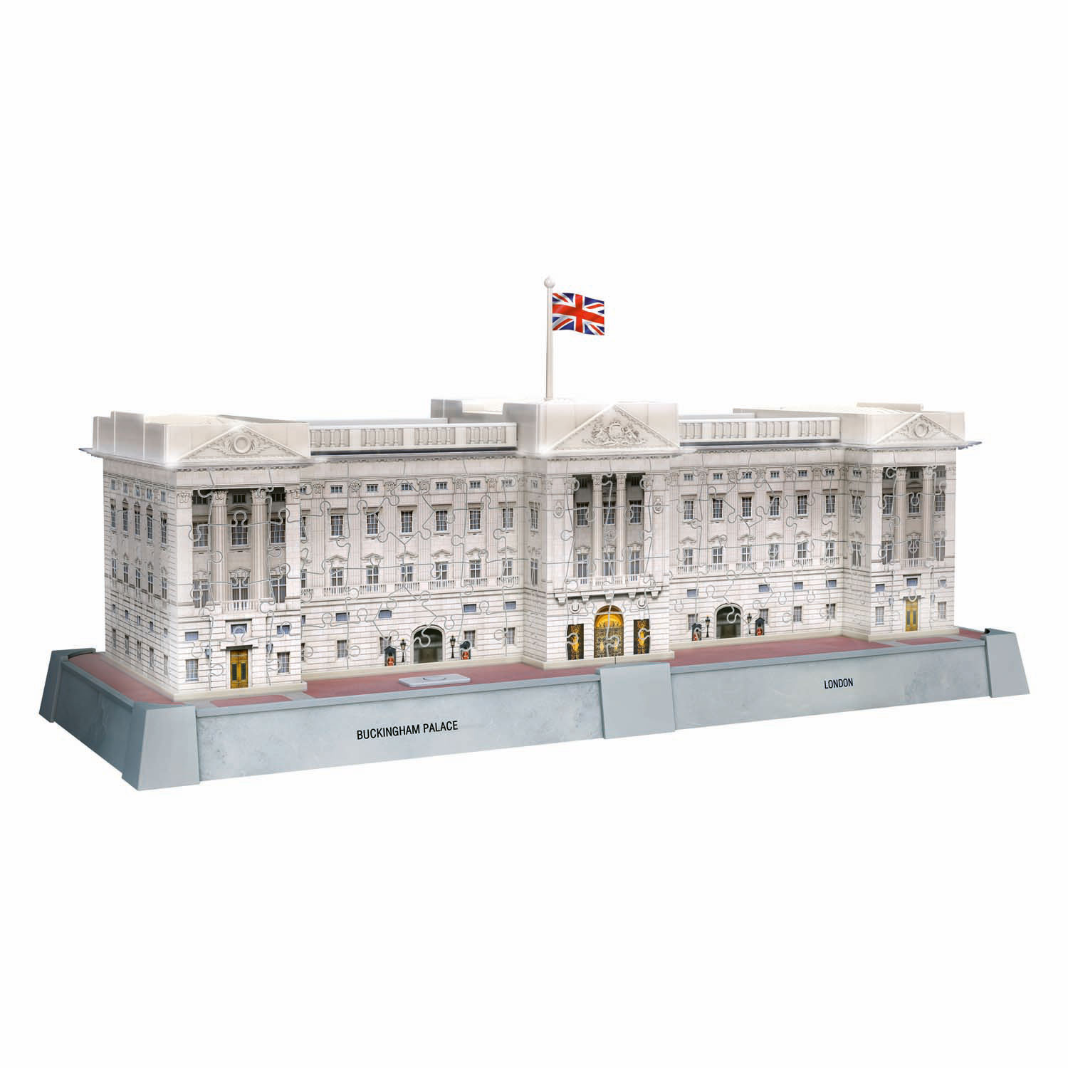 Modello del Buckingham Palace con bandiera britannica, su sfondo bianco.
