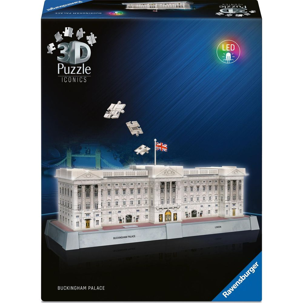 Puzzle 3D di Buckingham Palace con luci LED, bandiera britannica e torre dell'orologio.