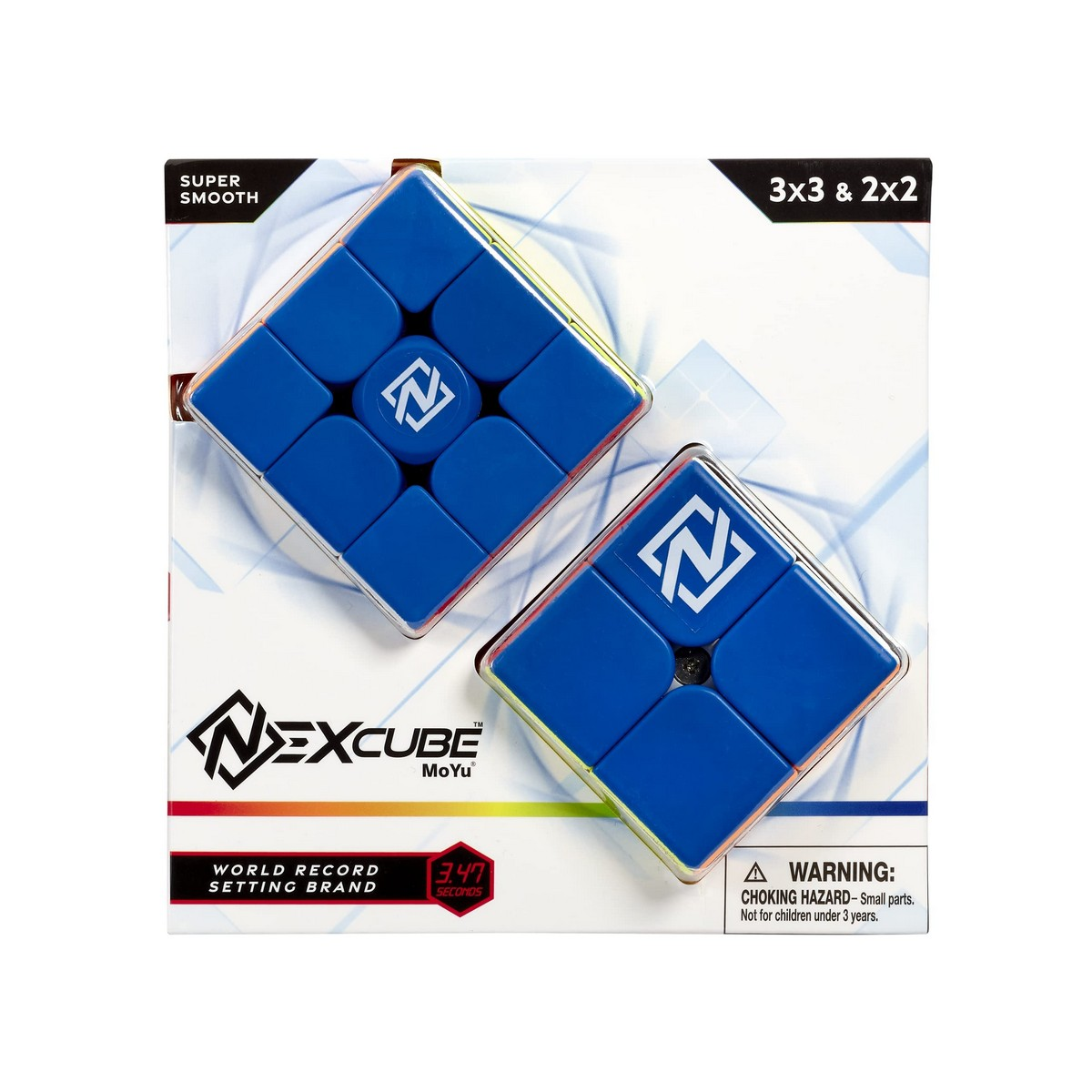 Dos rompecabezas giratorios NexCube azules, 3x3 y 2x2, con logos blancos.