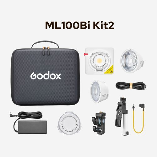 Godox ML100Bi Kit 2: Tragetasche, Lampe, Reflektor, Kabel, Netzteil, Stativhalterung, Griff.