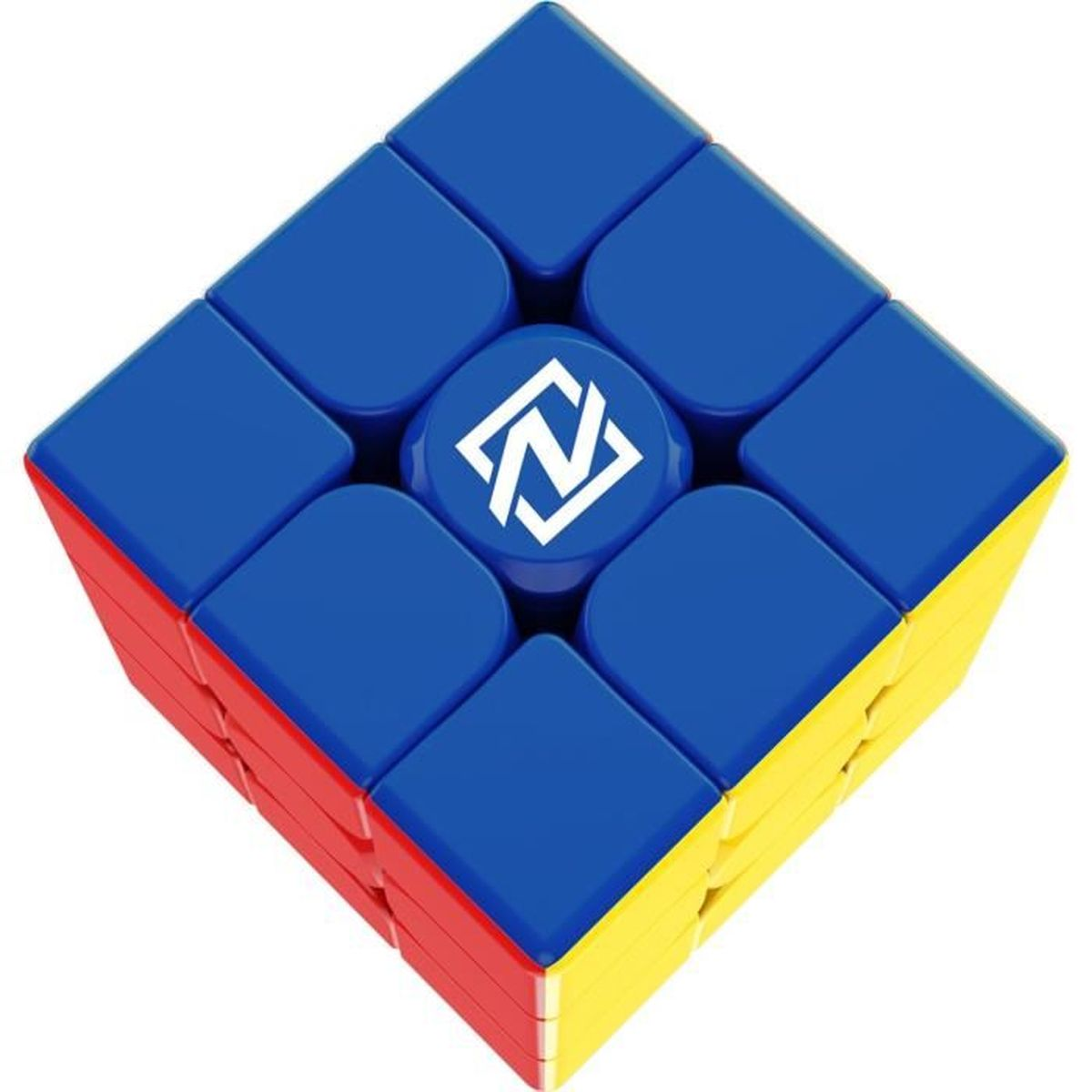 Un cubo de Rubik azul y amarillo con un lado rojo y un logo blanco en el centro.