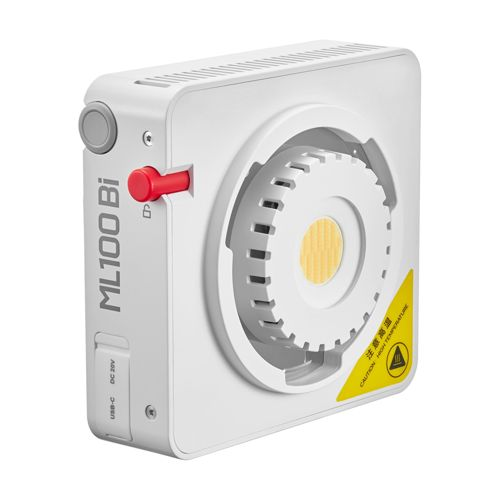 Weiße LED-Leuchte mit USB-C-Anschluss. Zeigt 'ML100 Bi' und Warnung vor hoher Temperatur.