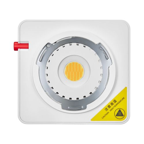 Lampe blanche avec bouton rouge et symbole jaune d'avertissement de haute température.
