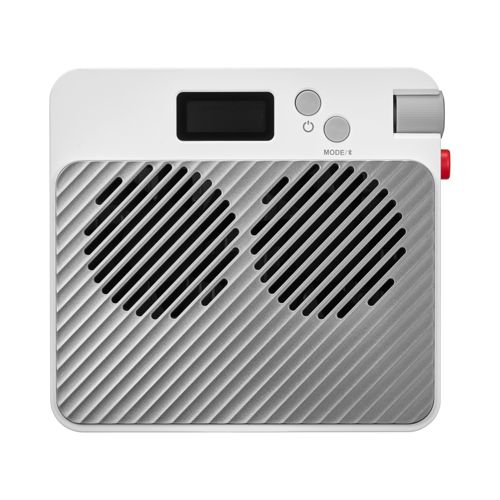 Appareil électronique blanc avec grille avant grise à motifs et petit écran.
