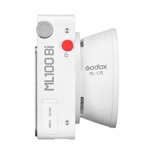 Caméra blanche avec boutons rouge et gris, port USB-C.