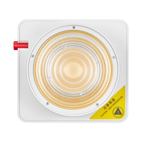Lampe blanche avec poignée rouge et panneau d'avertissement jaune haute température.