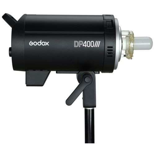 Schwarzer Godox DP400III Blitzkopf mit Lampenkopf und Halterung.