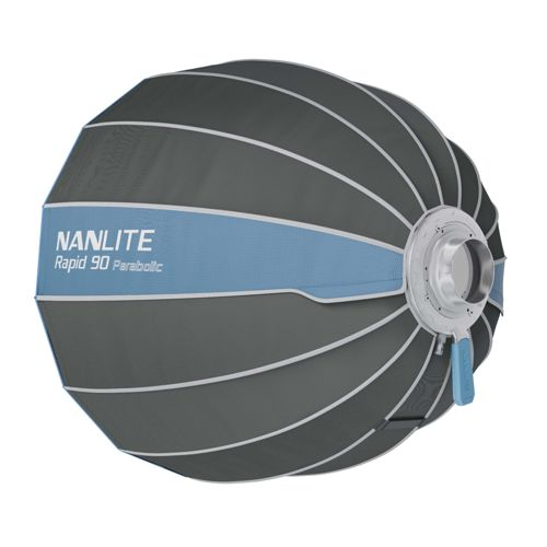 Un réflecteur pliable gris en éventail avec une bande bleue 'NANLITE Rapid 90 Parabolic'.