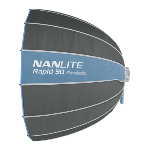 Un softbox parabolique gris avec une bande bleue indiquant NANLITE Rapid 90 Parabolic.