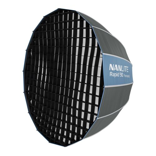 Un softbox parabolique octogonal avec motif en nid d'abeille et logo "NANLITE Rapid 90".