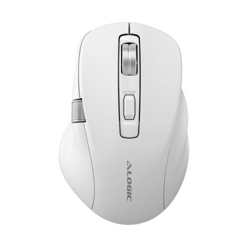 Un mouse ALOGIC bianco con rotella di scorrimento e pulsanti su sfondo bianco.