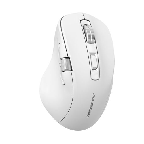 Mouse wireless ALOGIC bianco con rotellina di scorrimento e pulsanti laterali.