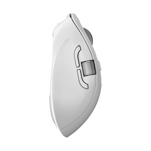 Mouse per computer bianco con rotellina di scorrimento e due pulsanti laterali.