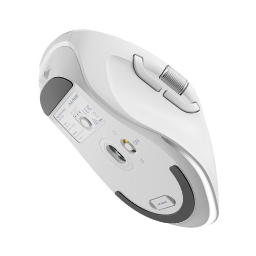 Mouse wireless ALOGIC bianco, vista inferiore. Con rotellina e pulsanti.