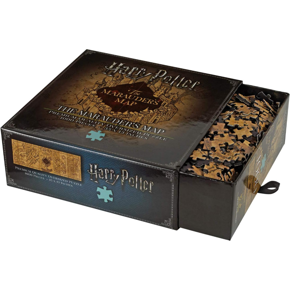 Caja de puzzle Mapa del Merodeador de Harry Potter con 1000 piezas, abierta.