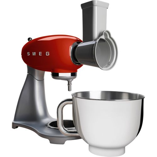 Paslanmaz çelik kase ve aparatlı kırmızı SMEG stand mikseri.