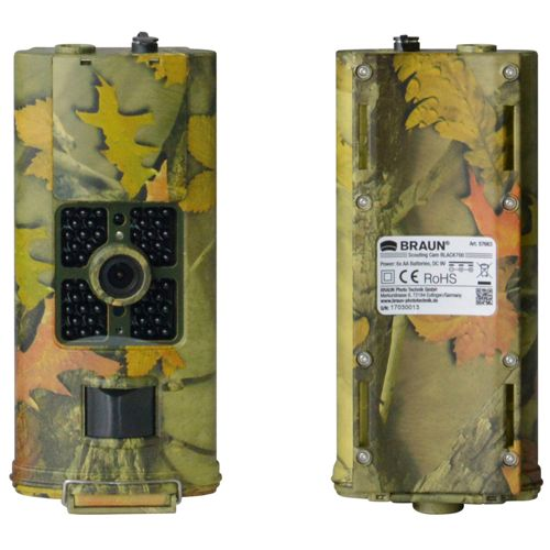 Zwei Jagdkameras mit Tarnmuster, eine Vorderseite mit Linse und LEDs, die Rückseite mit Etikett.