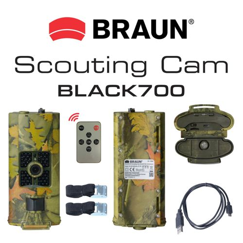 Braun Scouting Cam BLACK700 mit Fernbedienung, Kabel und Halterungen.
