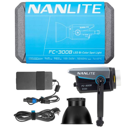 Nanlite FC-300B LED Bi-Color Spot Light mit Zubehör und Verpackung.