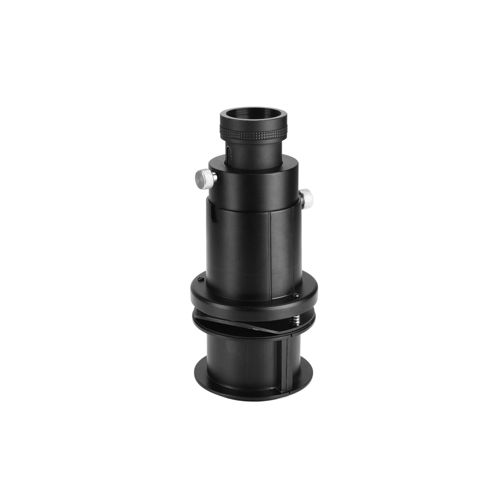 Ein schwarzer Adapter mit Ringen und Schrauben auf weißem Hintergrund.