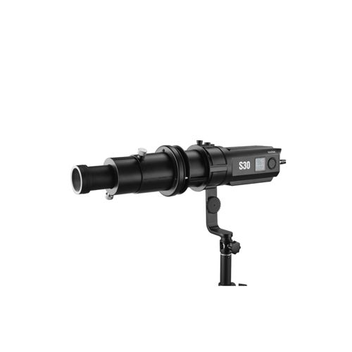 Ein schwarzer Scheinwerfer mit der Bezeichnung S30 auf einem Stativ, isoliert vor weißem Hintergrund.