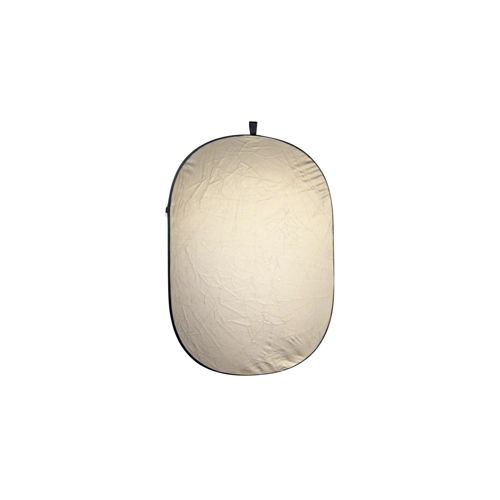 Ein ovaler, faltbarer Fotoreflektor in hellem Beige mit schwarzem Rand.