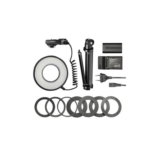 Ringlicht-Set mit Zubehör: Ringlicht, Griff, Akkus, Netzteil und Adapter.