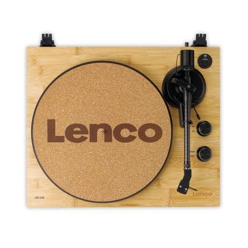 A bamboo turntable with a brown Lenco mat and a black tonearm.