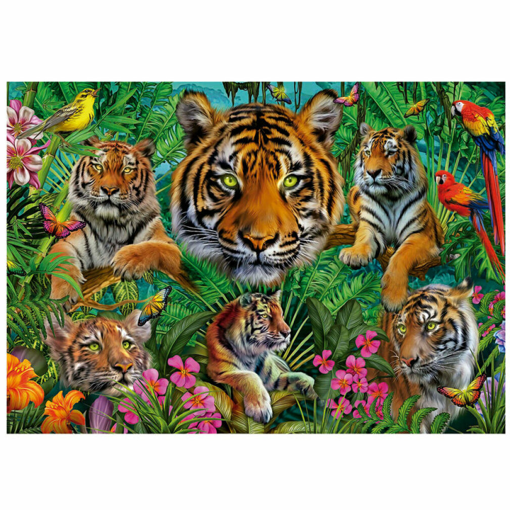 Eine lebendige Dschungelszene mit mehreren Tigern, bunten Vögeln und Schmetterlingen.