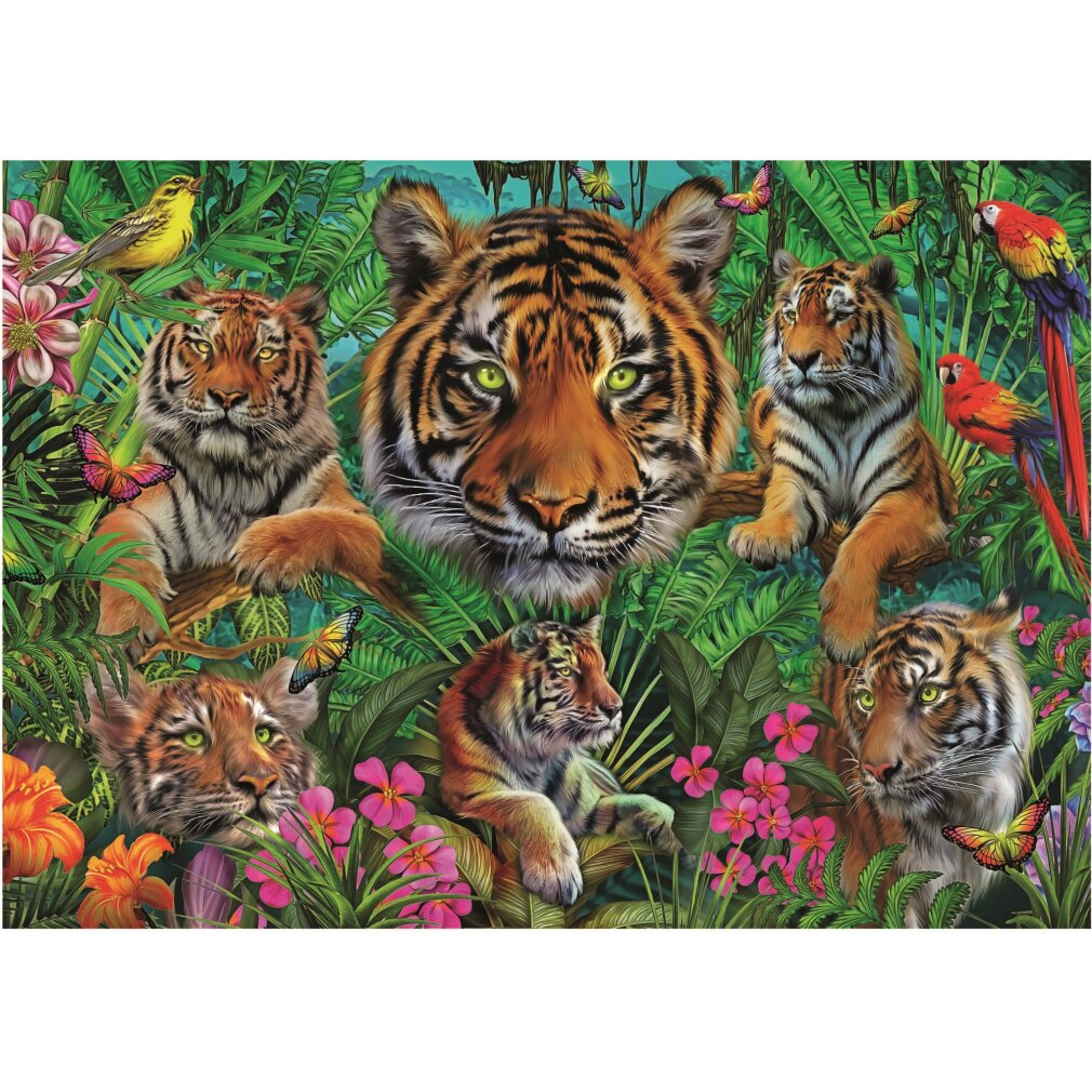 Mehrere Tiger in einem üppigen, grünen Dschungel mit Blumen und Schmetterlingen.