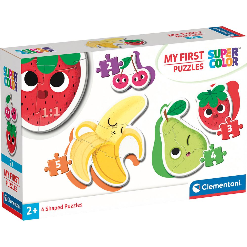 Una scatola di giocattoli con puzzle di frutta colorati: fragola, banana, pera, ciliegie.