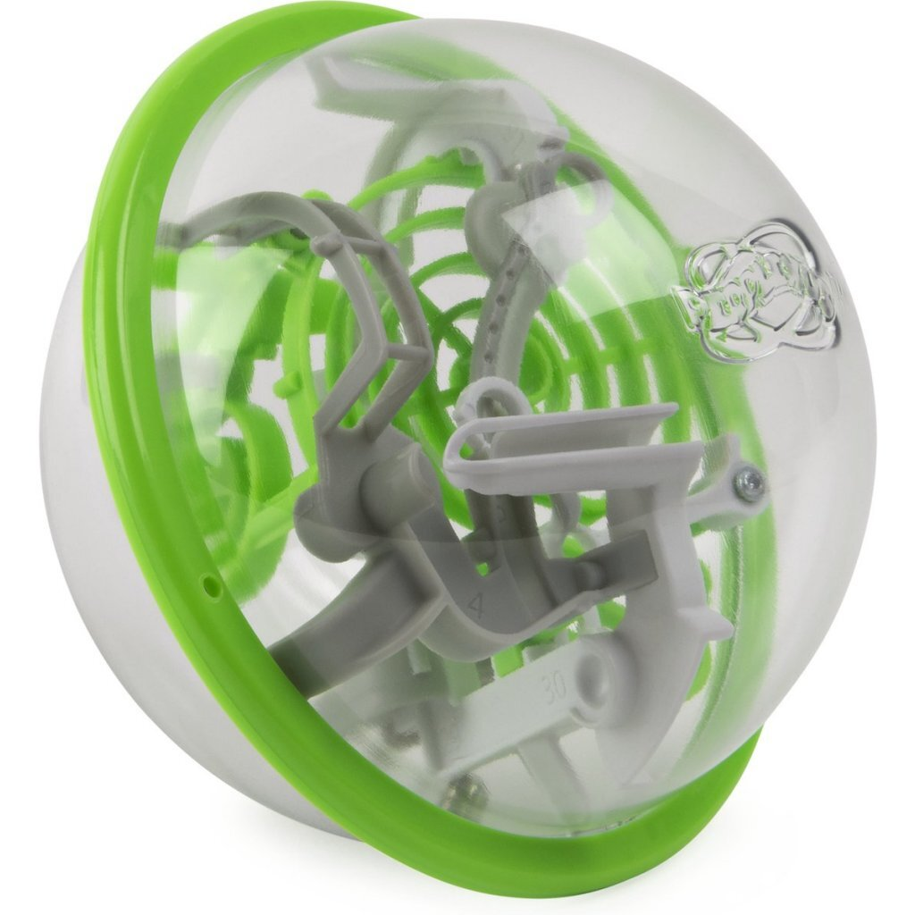 Un juego de laberinto verde dentro de una esfera transparente con obstáculos blancos y grises.