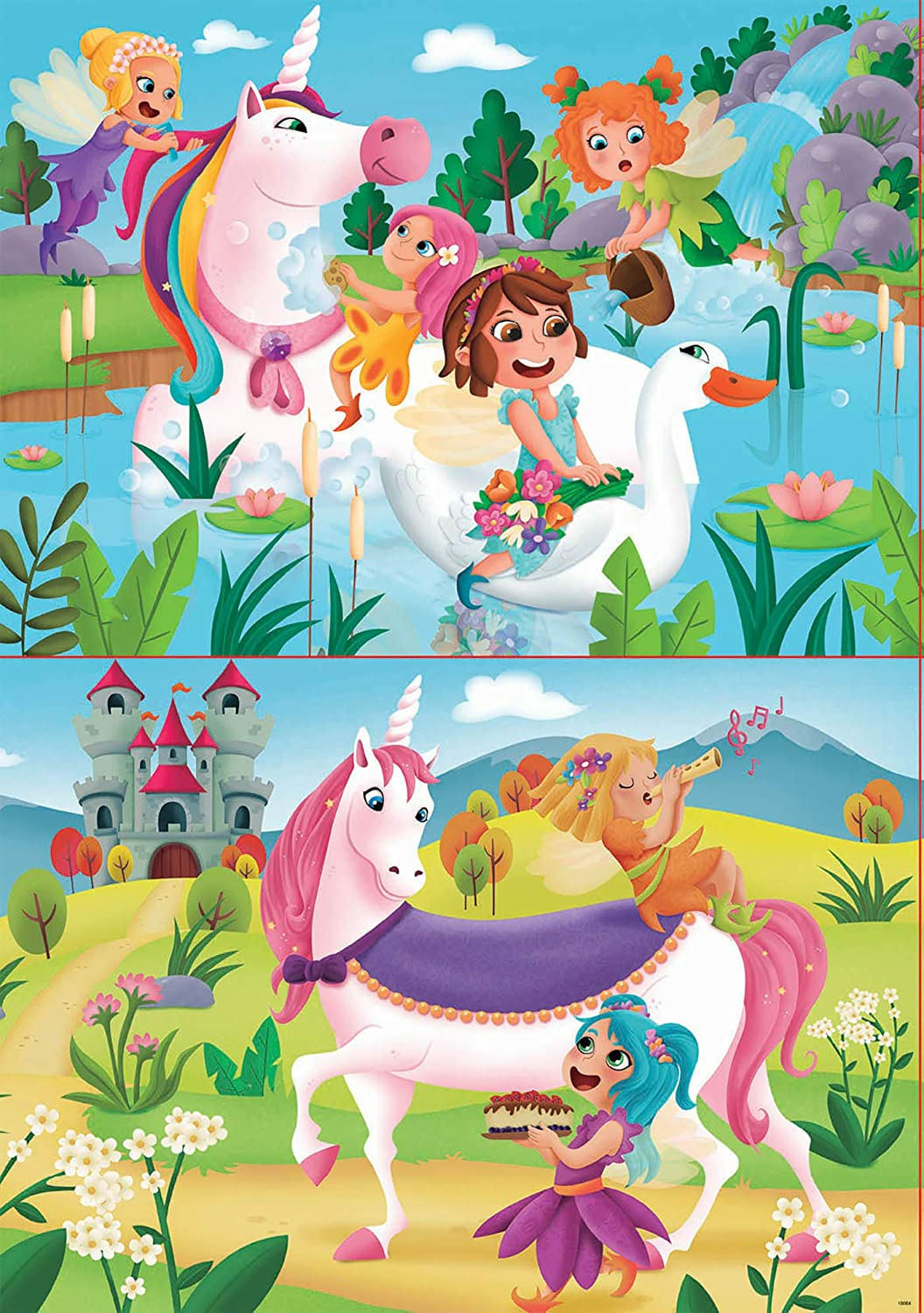 Hadas y unicornios en un paisaje mágico con un castillo.