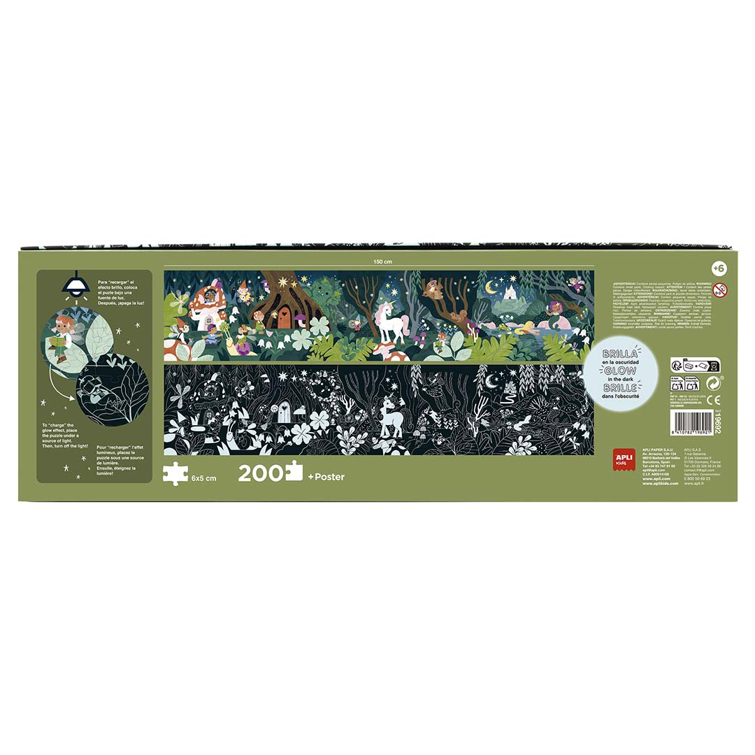 Caja de rompecabezas muestra escenas de bosque con unicornio y gnomos.