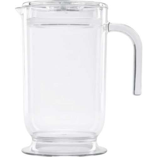 Een heldere glazen karaf met handvat en deksel, gevuld met water.